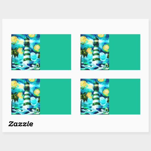 Tropical Lighthouse & Palm Trees Green Blue Aquama Rechteckiger Aufkleber (Blatt)