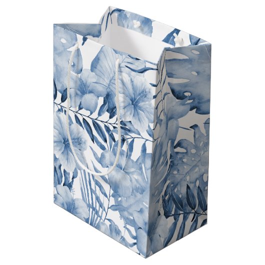 Tropical Lila Blue Floral Blätter Brautparty Mittlere Geschenktüte (Rückseite Schrägansicht)