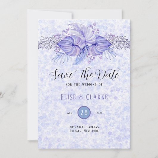 Tropical Lila Blue Palm Leaf Save the Date (Vorderseite)