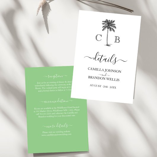 Tropical Lime Green Palm Monogramme Hochzeit Begleitkarte
