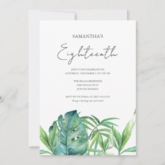 Tropical Luau 18. Geburtstag Wasserfarbe Einladung (Vorderseite)