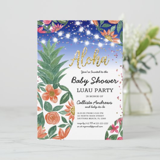 Tropical Luau Ananas Lights Glitzer Babydusche Einladung (Stehend Vorderseite)