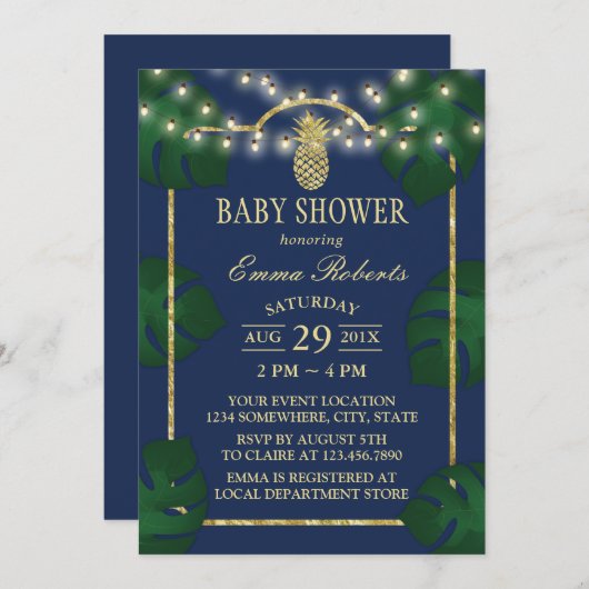 Tropical Luau Baby Shower Ananas Navy & Gold Einladung (Vorne/Hinten)