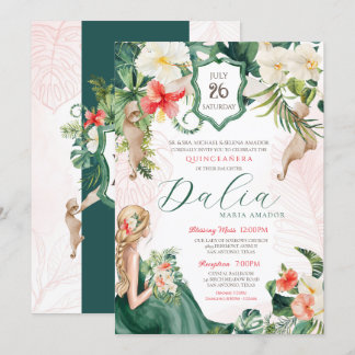 Tropical Luau Emerald Island Floral Quinceanera Einladung
