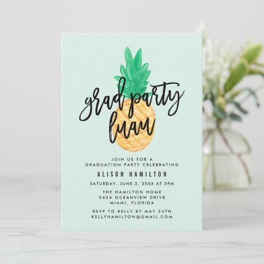 Tropical Luau Graduation Party Einladung in Mint (Stehend Vorderseite)