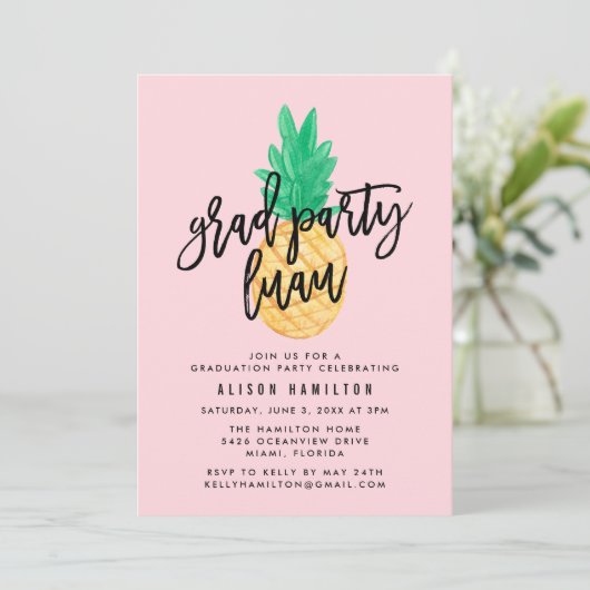 Tropical Luau Graduation Party Einladung in Rosa (Stehend Vorderseite)
