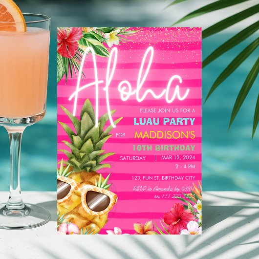 Tropical Luau Pineapse Beach Pink Girl Geburtstag Einladung