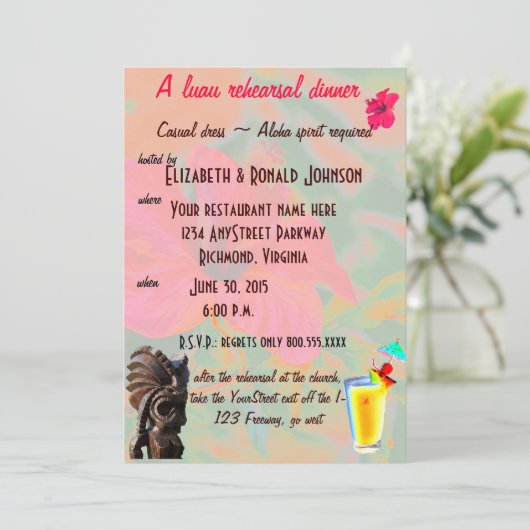 Tropical Luau Probe Dinner Einladung (Stehend Vorderseite)