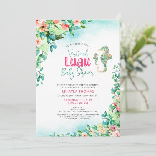 Tropical Luau Virtual Baby Dusche Seepferde Einladung (Stehend Vorderseite)