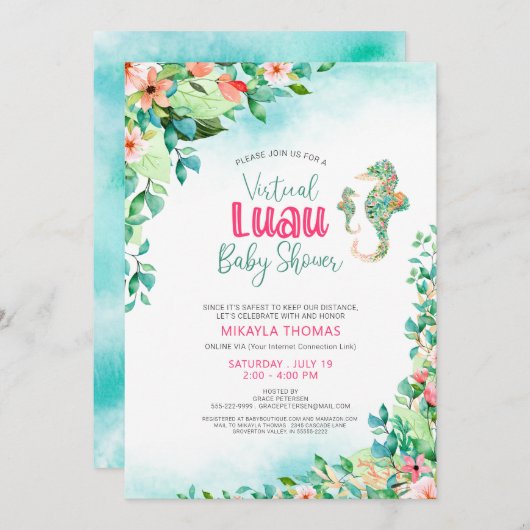 Tropical Luau Virtual Baby Dusche Seepferde Einladung (Vorne/Hinten)