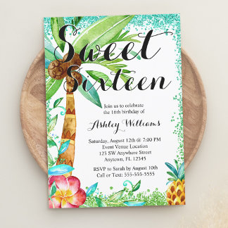 Tropical Luau Watercolor Imitate Glitzer Sweet 16 Einladung