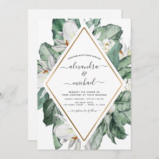 Tropical Magnolia Greenery Floral Palm Wedding Inv Einladung (Vorne/Hinten)