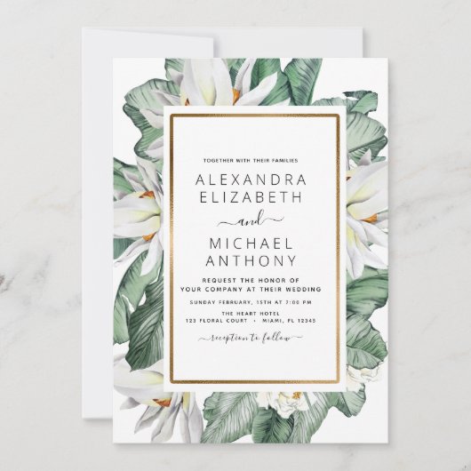 Tropical Magnolia Greenery Floral Palm Wedding Inv Einladung (Vorderseite)