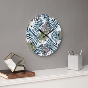 Tropical Mauve Green Palm Blätter Wasserfarben Ku Große Wanduhr