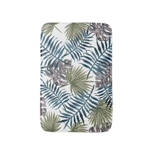 Tropical Mauve Green Palm Blätter Wasserfarben Kun Badematte (Vorderseite Vertikal)