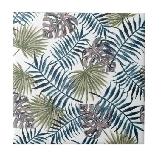 Tropical Mauve Green Palm Blätter Wasserfarben Kun Fliese (Vorderseite)