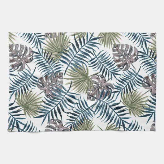 Tropical Mauve Green Palm Blätter Wasserfarben Kun Geschirrtuch (Horizontal)