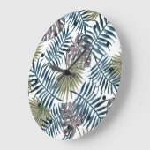 Tropical Mauve Green Palm Blätter Wasserfarben Kun Große Wanduhr (Winkel)