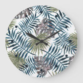 Tropical Mauve Green Palm Blätter Wasserfarben Kun Große Wanduhr (Vorderseite)