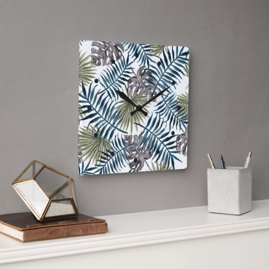 Tropical Mauve Green Palm Blätter Wasserfarben Kun Quadratische Wanduhr (Büro)