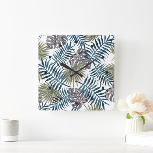 Tropical Mauve Green Palm Blätter Wasserfarben Kun Quadratische Wanduhr (Zuhause)
