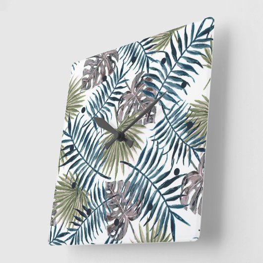 Tropical Mauve Green Palm Blätter Wasserfarben Kun Quadratische Wanduhr (Winkel)