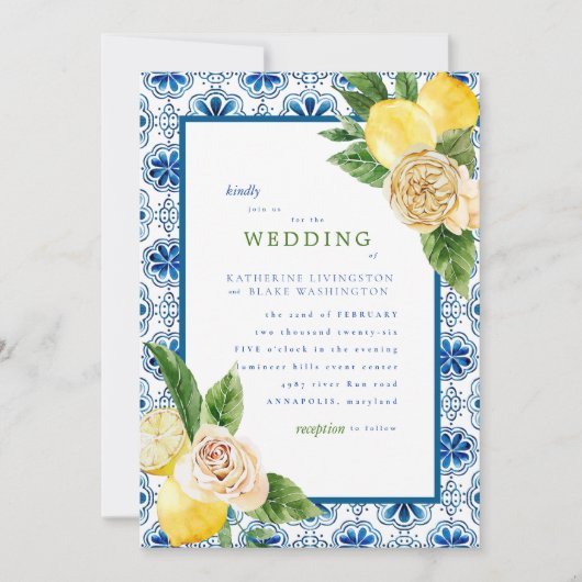 Tropical Mediterranean Blue & Lemons Wedding Invit Einladung (Vorderseite)