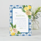 Tropical Mediterranean Blue & Lemons Wedding Invit Einladung (Stehend Vorderseite)