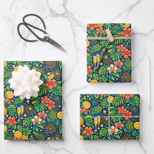Tropical Midnight Toast Celebration Pattern Geschenkpapier Set (Vorderseite)