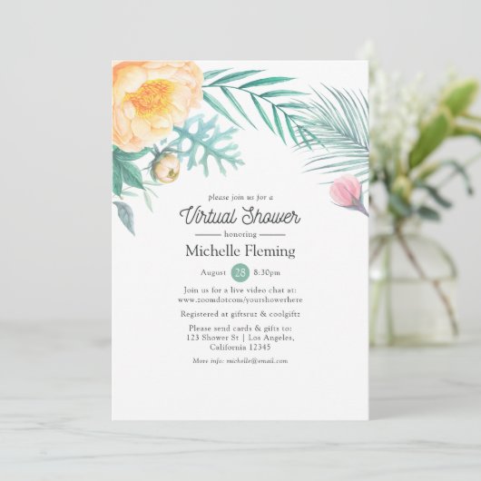 Tropical Mini Floral Virtual Baby oder Brautparty Einladung (Stehend Vorderseite)
