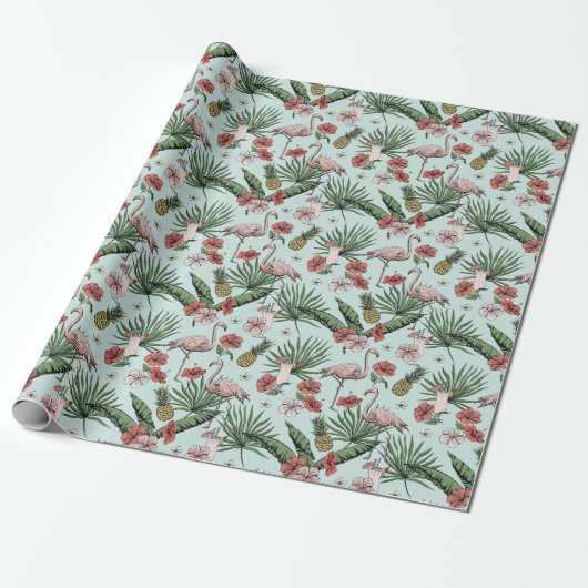 Tropical Mint Flamingo Blumenmuster Geschenkpapier (Ungerollt)