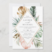 Tropical Modern Gold Palm Greenery Blues Einladung (Vorderseite)