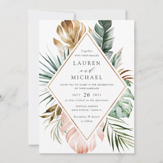 Tropical Modern Gold Palm Greenery Blues Einladung (Vorderseite)