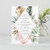 Tropical Modern Gold Palm Greenery Blues Einladung (Stehend Vorderseite)