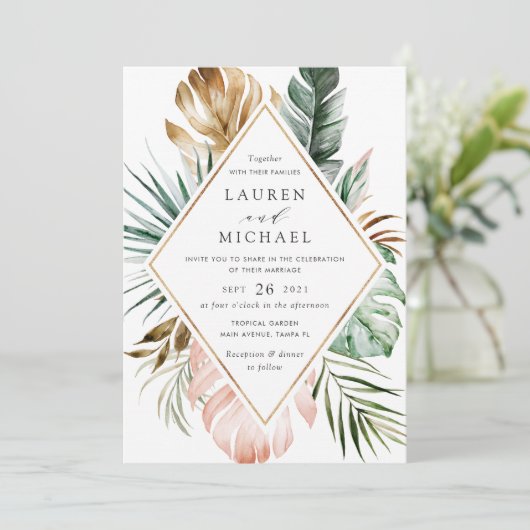 Tropical Modern Gold Palm Greenery Blues Einladung (Stehend Vorderseite)