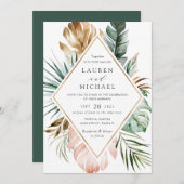 Tropical Modern Gold Palm Greenery Blues Einladung (Vorne/Hinten)