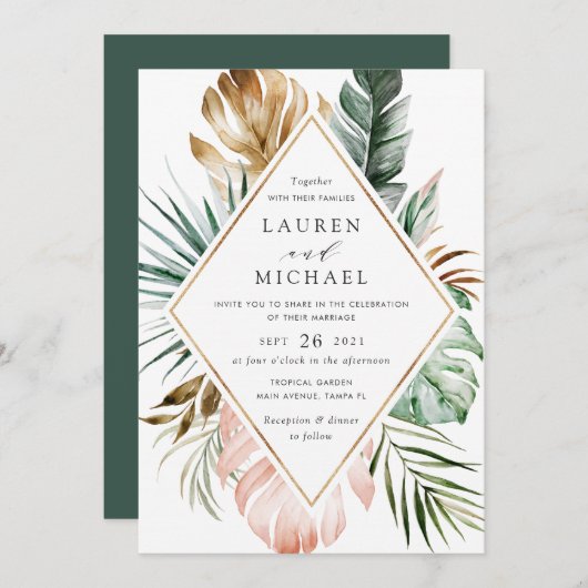 Tropical Modern Gold Palm Greenery Blues Einladung (Vorne/Hinten)