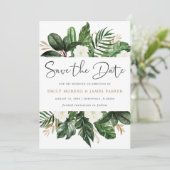 Tropical Modern Palm Cactus White Floral Save The Date (Stehend Vorderseite)