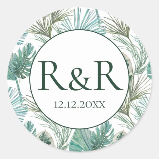Tropical Monogram Wedding Runder Aufkleber (Vorderseite)
