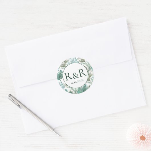 Tropical Monogram Wedding Runder Aufkleber (Umschlag)