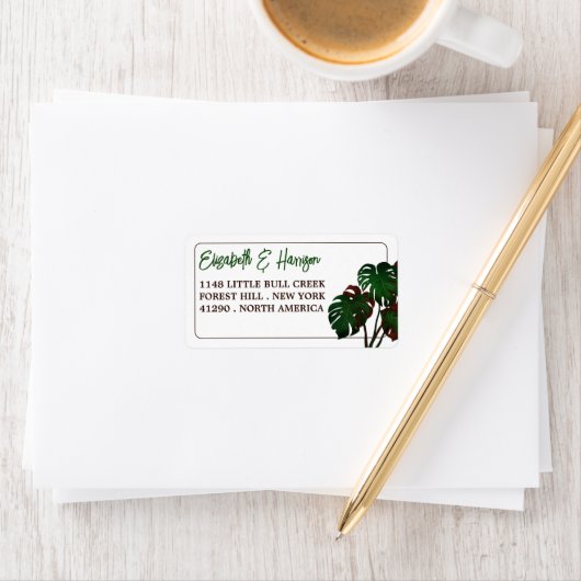 Tropical Monstera Beach Wedding Adressaufkleber (Insitu)