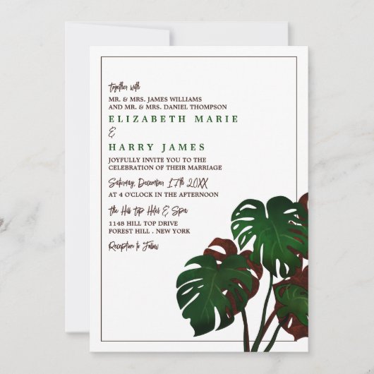 Tropical Monstera Beach Wedding Einladung (Vorderseite)