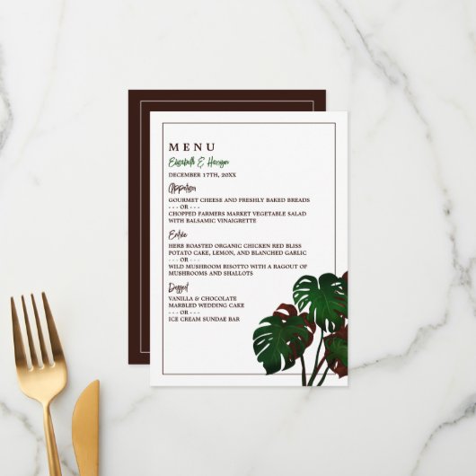 Tropical Monstera Beach Wedding Menükarte (Vorderseite/Rückseite Beispiel)