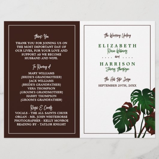Tropical Monstera Beach Wedding Program (Vorderseite)