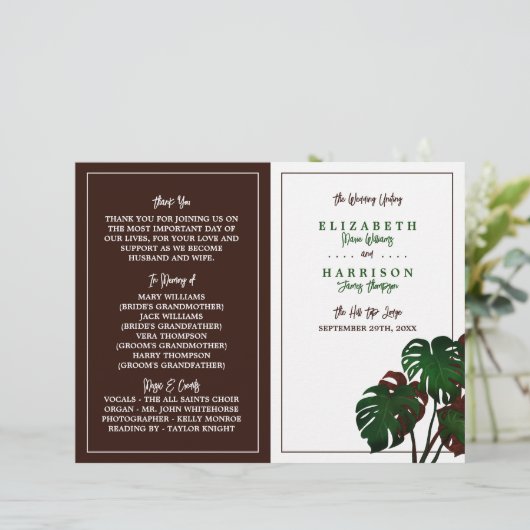 Tropical Monstera Beach Wedding Program (Stehend Vorderseite)