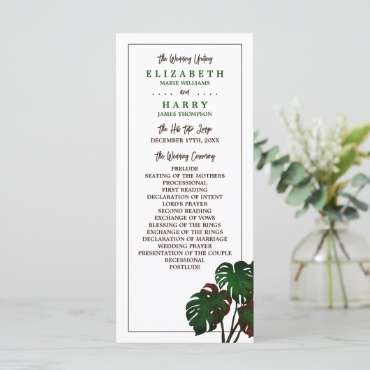 Tropical Monstera Beach Wedding Programm (Stehend Vorderseite)