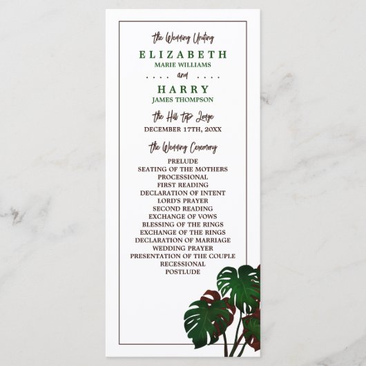 Tropical Monstera Beach Wedding Programm (Vorderseite)