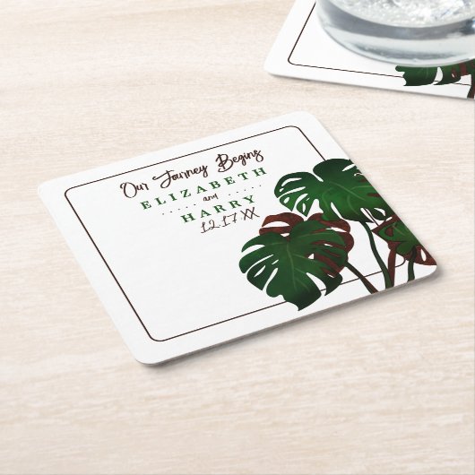 Tropical Monstera Beach Wedding Rechteckiger Pappuntersetzer (angewinkelt)