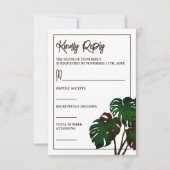 Tropical Monstera Beach Wedding RSVP Karte (Vorderseite)
