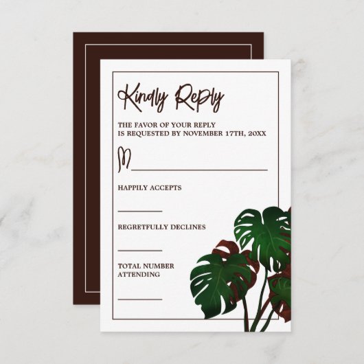Tropical Monstera Beach Wedding RSVP Karte (Vorne/Hinten)
